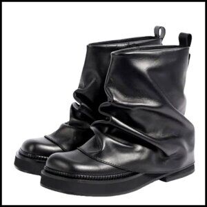 Leather Slouchy Ankle Boots Pull On Chunky Low Heel Platform Casual Chic